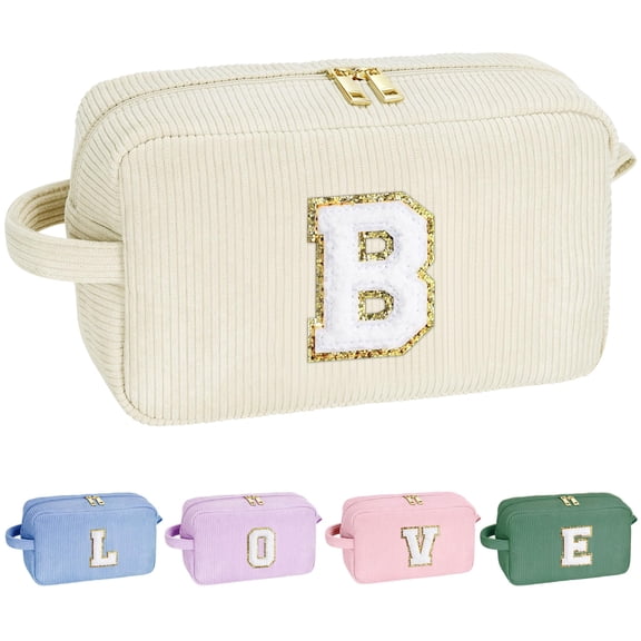 YOOLIFE Daughter Gifts Initial Makeup Bag - Cosmetic Bag Makeup Bag Makeup Pouch Make Up Bag Makeup Bags for Women Corduroy Makeup Bag Cute Makeup Bag Personalized Gifts for Women Her White Letter b