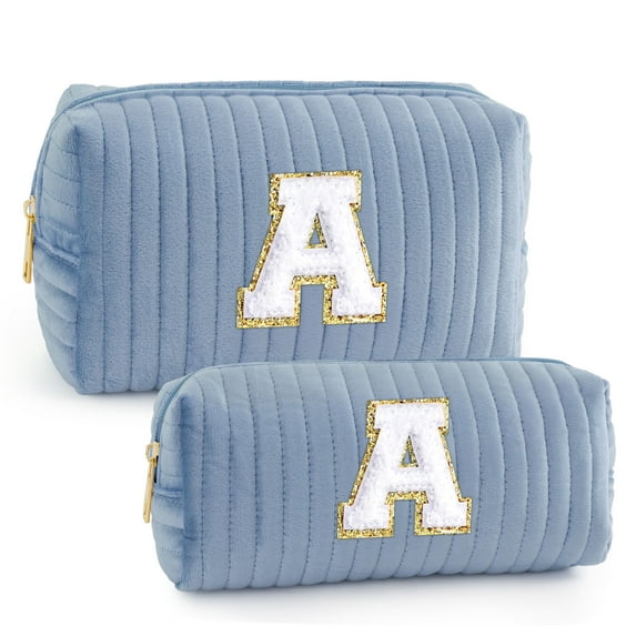 YOOLIFE Makeup Toiletry Bag for Women Personalized Monogram Initial Blue Makeup Bag Toiletry Bag Birthday Gifts for Women
