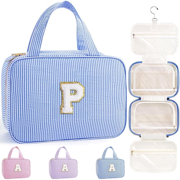 YOOLIFE Hanging Toiletry Bag for Women - Travel Initial Toiletry Bag, Portable Toiletries Makeup Pouch, Airplane Travel Essentials - Letter P, Blue