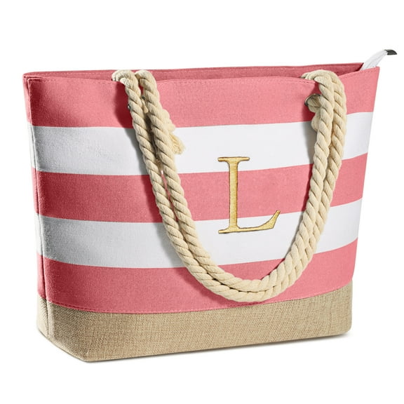 YOOLIFE Initial Canvas Waterproof Beach Tote Bag Zipper Personalized Gifts for Women Her Birthday Travel Beach Essential