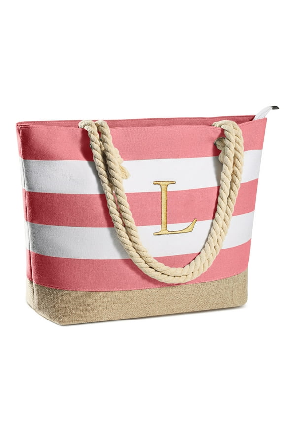Initial Canvas Waterproof Beach Tote Bag Zipper Personalized Gifts for Women Her Birthday Travel Beach Essential