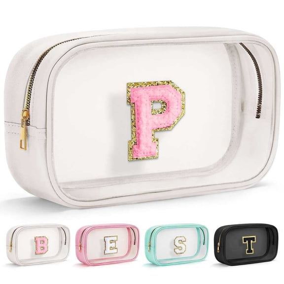 YOOLIFE Initial Make Up Bag Travel Toiletry Bag, Clear Makeup Bags Preppy Cosmetic Bags With Zipper Girlfriend Teacher 6 Year Old Girl Gifts Daughter Gifts Swim Gifts For Girl White p