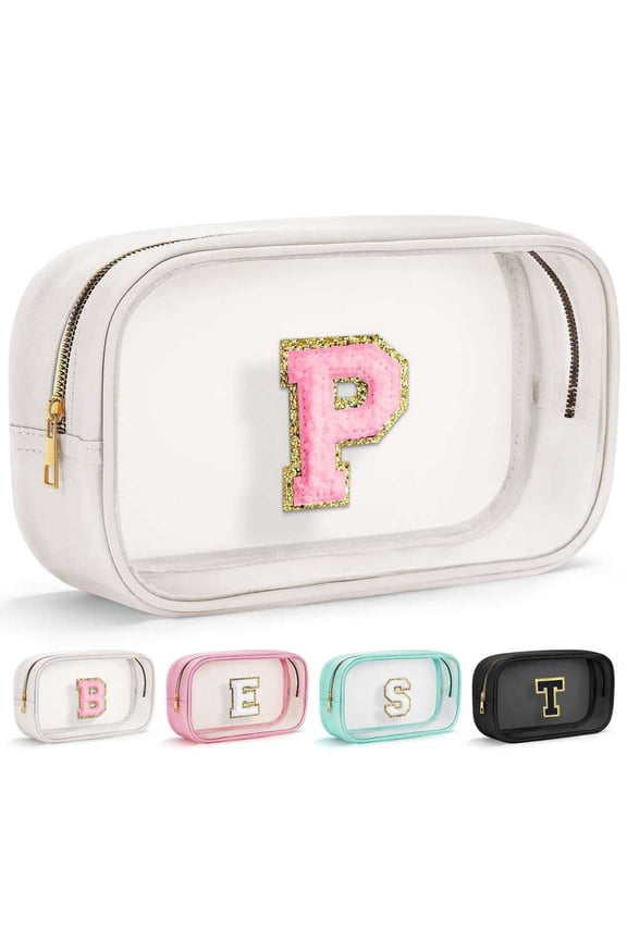 Travel Toiletry Initial Makeup Bag, Preppy Cosmetic Bag With Zipper for Girlfriend Teacher Girl, Personalized Waterproof Gift For Girl White P