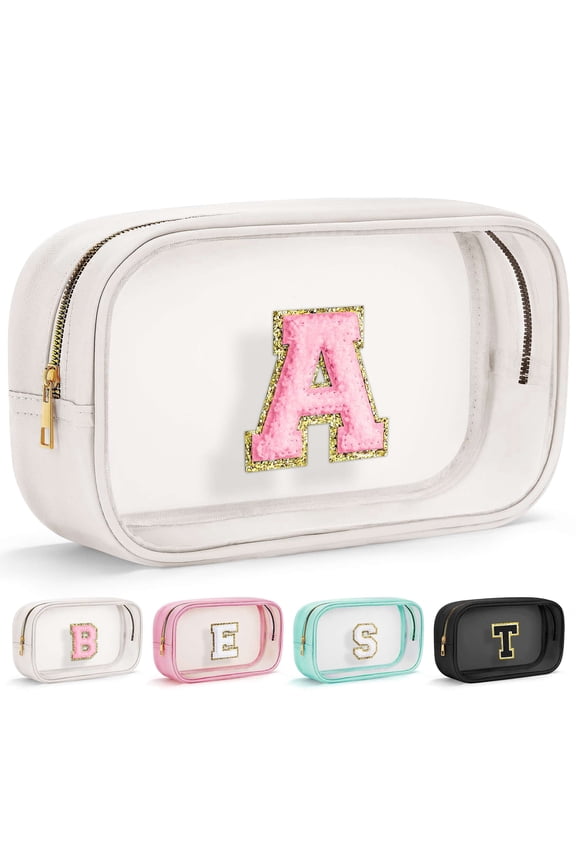 Initial Make Up Bag Travel Toiletry Bag, Clear Makeup Bag Preppy Stuff Travel Essentials Pink Gifts for Women Teen Girlfriend Teacher Mom Birthday Birthday Gifts for Her Wife White a