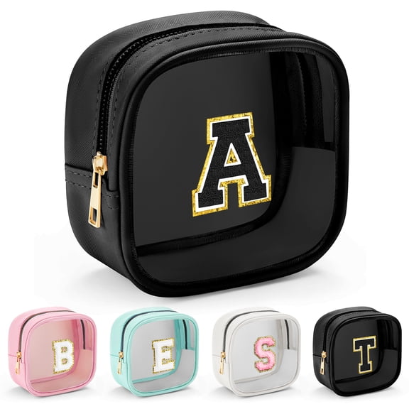 YOOLIFE Initial Make Up Bag Travel Toiletry Bag for Women, Clear Makeup Bag Organizer Cosmetic Bags Travel Essentials Gifts for Women Teen Girlfriend Teacher Mom Brithday Mothers Day Gifts Black E