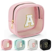 YOOLIFE Initial Make Up Bag Travel Toiletry Bag, Clear Makeup Bag Preppy Cosmetic Bags Organizer Travel Essentials Pink Gifts for Women Teen Girls