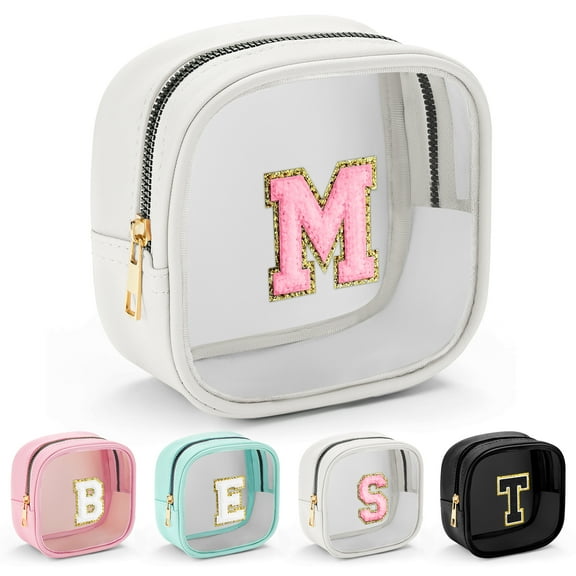 YOOLIFE Initial Make Up Bag Travel Toiletry Bag, Clear Makeup Bag Preppy Cosmetic Bags Organizer Travel Essentials White Gifts for Women Teen Girls