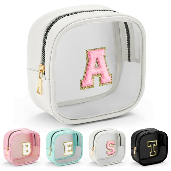 YOOLIFE Initial Make Up Bag Travel Toiletry Bag, Clear Makeup Bag Preppy Cosmetic Bags Organizer Travel Essentials White Gifts for Women Teen Girls