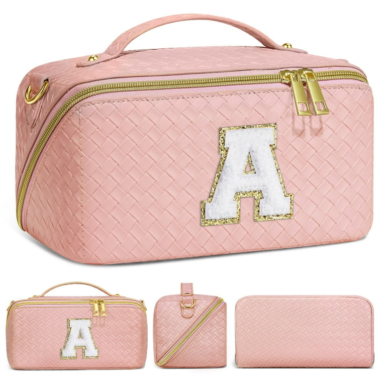 YOOLIFE Initial Makeup Bag Cosmetic Bag, Monogram Pink Make Up Bag