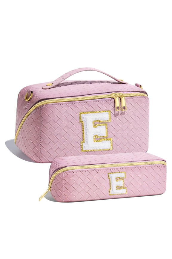 Initial Makeup Bag Cosmetic Bag for Women, PU Waterproof Large Capacity Portable Makeup Bag with Compartments & Makeup Brush Bag Personalized Gifts for Women Her