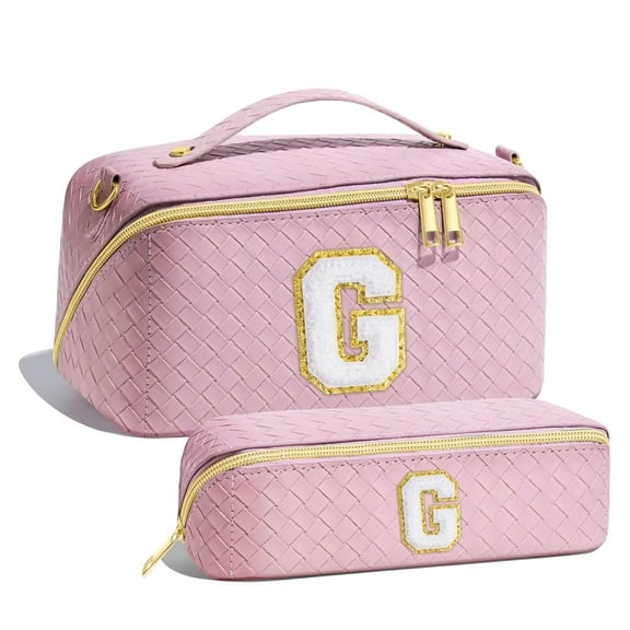 YOOLIFE Initial Makeup Bag Cosmetic Bag for Women, PU Waterproof Large Capacity Portable Makeup Bag with Compartments & Makeup Brush Bag Personalized Gifts for Women Her