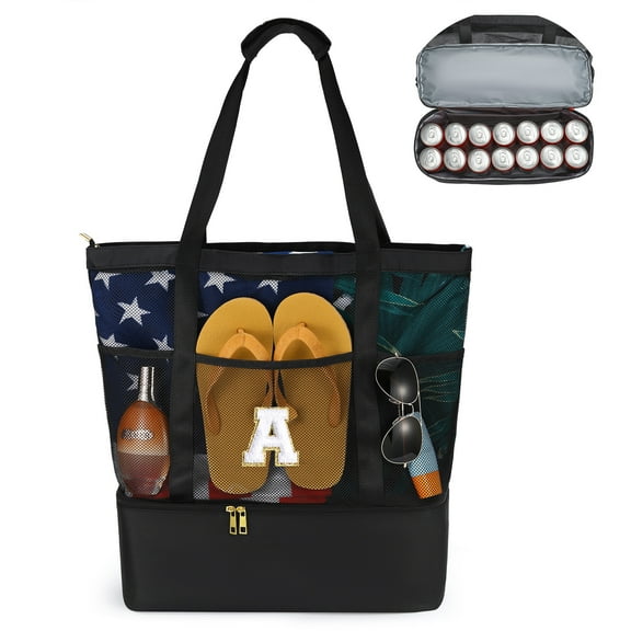 YOOLIFE Initial Mesh Beach Bag, Personalized Birthday Gifts for Women Beach Essentials Large Perfect Tote Bag Gifts for Women