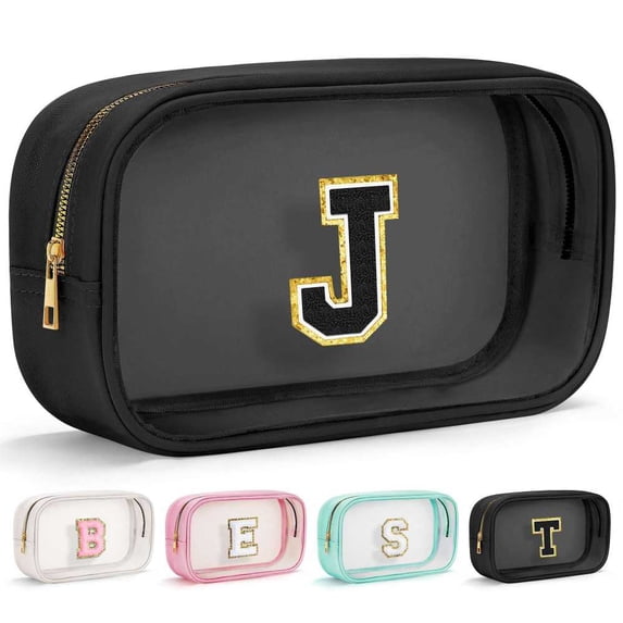 YOOLIFE Initial Travel Essentials Makeup Bag, Skin Care Clear Toiletry Bag Pouch Cosmetic Bag Case Large Makeup Bag Personalized Birthday Gifts for Women Birthday Gifts for Her Wife Black J