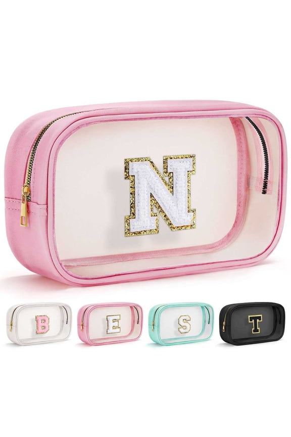 Initial Travel Makeup Bag Pouch, Clear Toiletry Bag for Women Travel Accessories Cosmetic Bag Skin Care for Teen Make Up Bags Birthday Gifts for Women Unique Teacher Mom Friends Gifts Pink N