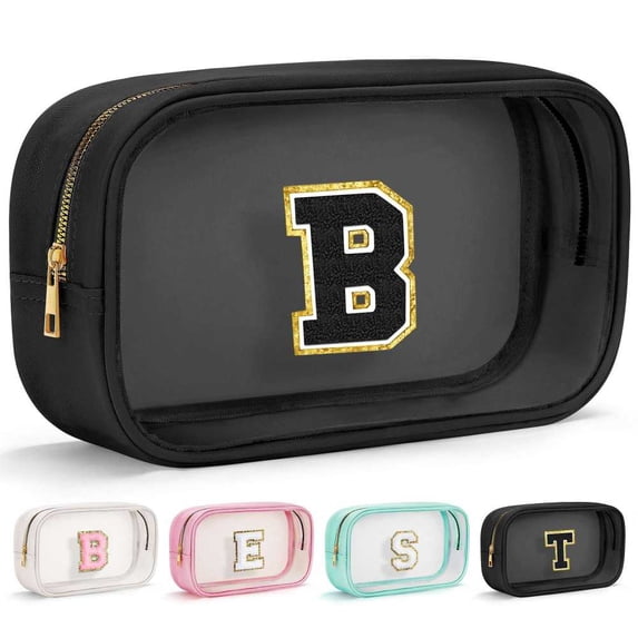 YOOLIFE Initial Travel Makeup Bag Pouch, Clear Toiletry Bag for Women Travel Accessories Cosmetic Bag Skin Care for Teen Make Up Bags Birthday Gifts for Women Unique Teacher Mom Friends Gifts Black B