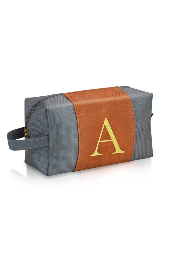 Men's Patchwork Makeup Bag with Grey and Brown Embroidered Lettering Make Up Bag, Travel Toiletry Bag Birthday Gift Idea for Friend Male Boyfriend Gifts