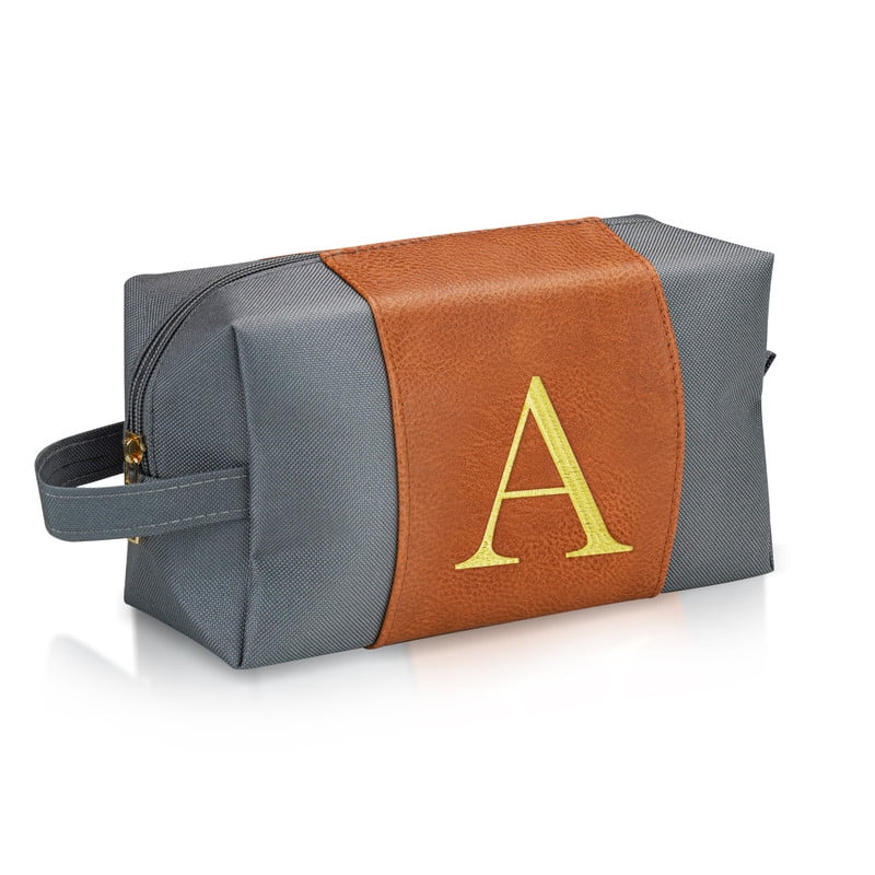 YOOLIFE Men's Patchwork Makeup Bag with Grey and Brown Embroidered