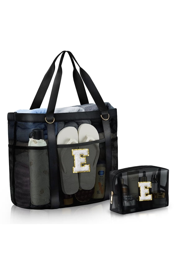 Mesh Beach Tote for Women, Personalized Initial Beach Bags for Women Beach Accessories Travel Tote Bag