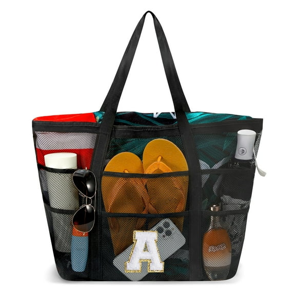 YOOLIFE Mesh Beach Tote for Women, Personalized Initial Beach Bags for Women Beach Accessories Travel Tote Bag