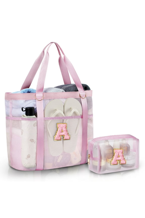 Mesh Beach Tote for Women, Personalized Initial Beach Bags for Women Beach Accessories Travel Tote Bag