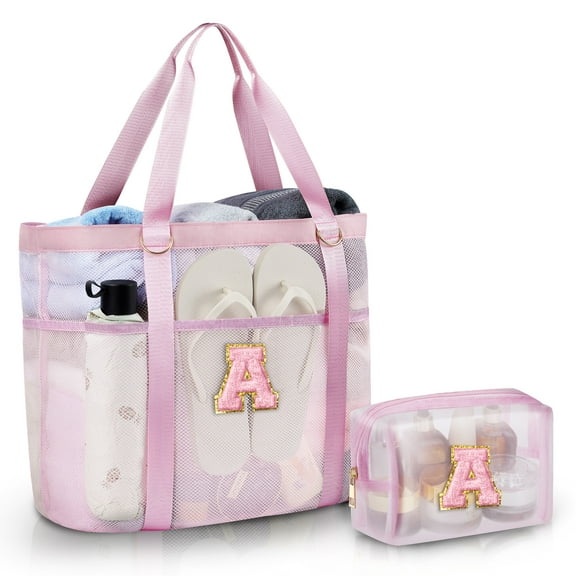 YOOLIFE Mesh Beach Tote for Women, Personalized Initial Beach Bags for Women Beach Accessories Travel Tote Bag