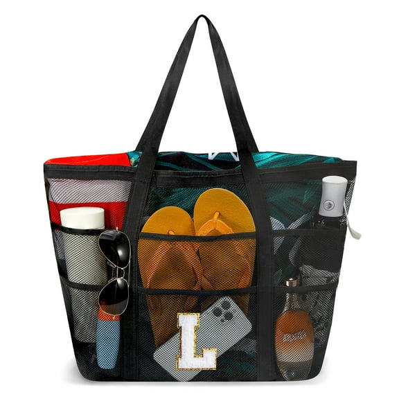 YOOLIFE Mesh Beach Tote for Women, Personalized Initial Beach Bags for Women Beach Accessories Travel Tote Bag