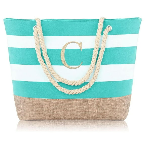 Yoolife Monogram Initial Canvas Waterproof Beach Tote Bag Zipper Personalized Travel Graduation Gifts for Women
