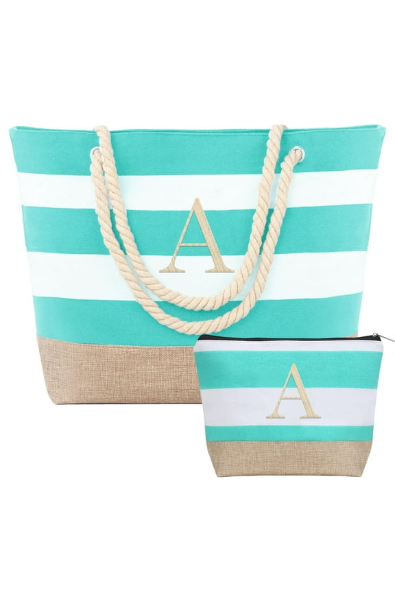 Monogram Initial Canvas Waterproof Beach Tote Bag Zipper Personalized Gifts for Women Her, Travel Beach Essential
