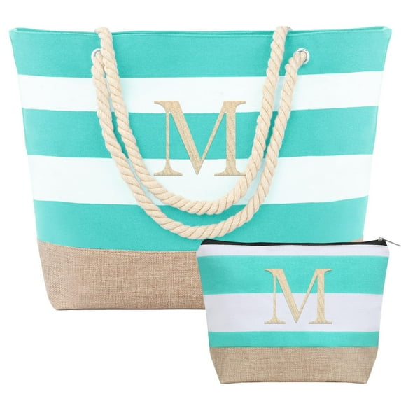 YOOLIFE Monogram Initial Canvas Waterproof Beach Tote Bag Zipper Personalized Gifts for Women Her, Travel Beach Essential