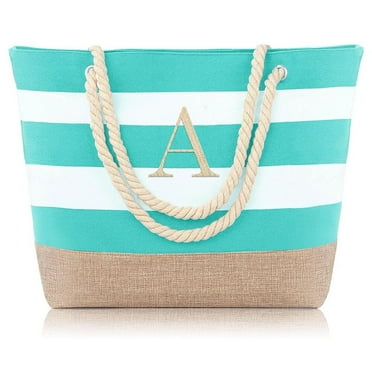 Yoolife Monogram Initial Canvas Waterproof Beach Tote Bag Zipper Personalized Travel Graduation Gifts for Women
