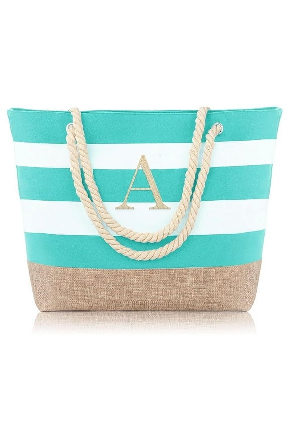 Monogram Initial Canvas Waterproof Beach Tote Bag Zipper Personalized Travel Graduation Gifts for Women