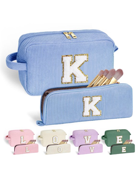 Initial Travel Makeup Bags Set for Women Girl, Small Toiletry Cosmetic Bag, Makeup Organizer, Birthday Gifts for Women, Travel Pouch, Blue, K