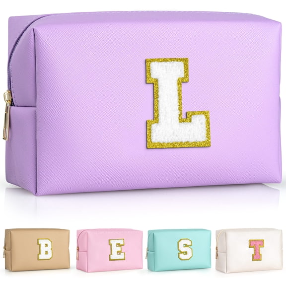 YOOLIFE Personalized Birthday Gifts for Women, Preppy Patch Makeup Bag, Chenille Letter Pouch Cosmetic Bag, Travel Organizer, Gifts for Friends, Cute Stuff for Women (Purple L)