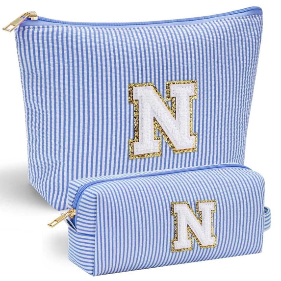 YOOLIFE Personalized Gifts for Women, Initial Makeup Bag with Makeup Pouch Cosmetics Organizer Bag Cute Makeup Bag Wedding Mothers Day Gifts Wedding Gifts for Sister Wife Friend Female Mom Blue N