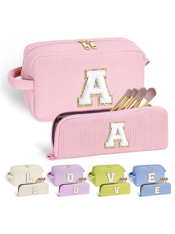 Initial Travel Cosmetic Bag for Women Girls, Small Makeup Bags Set for Her, Personalized Birthday Gifts for Women, Travel Essentials, Pink, A