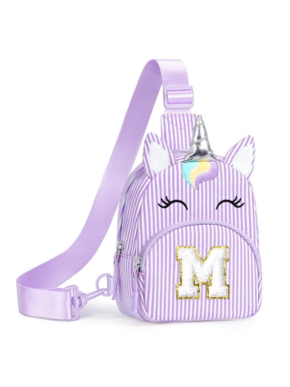 Unicorn Initial Sling Gift Bag for Women, Crossbody Bags for Her, Cute Backpack, Birthday Gifts for Women, Travel Essentials, Purple, M