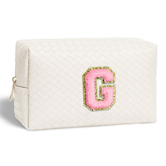 YOOLIFE Small Cosmetic Bags for Women, White Initial Makeup Bag Travel Makeup Bag Travel PU Leather Waterproof Toiletry Bag Gifts for Women Girls