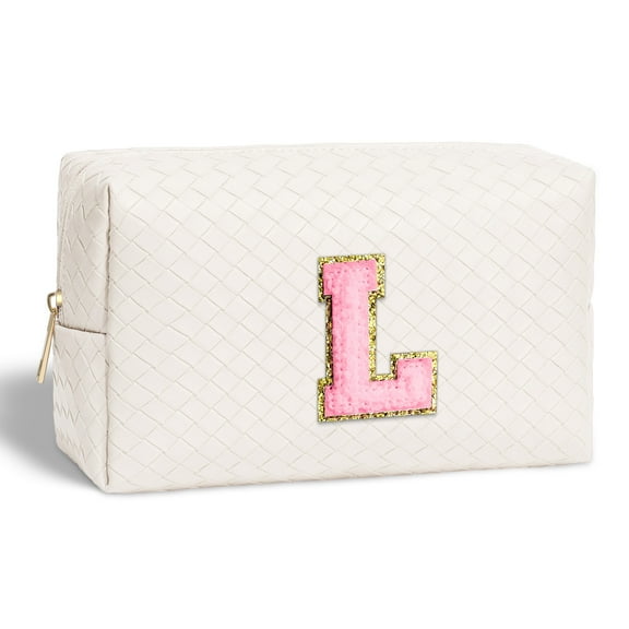 YOOLIFE Small Cosmetic Bags for Women, White Initial Makeup Bag Travel Makeup Bag Travel PU Leather Waterproof Toiletry Bag Gifts for Women Girls