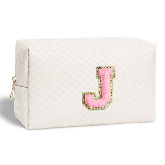 YOOLIFE Small Cosmetic Bags for Women, White Initial Makeup Bag Travel Makeup Bag Travel PU Leather Waterproof Toiletry Bag Gifts for Women Girls