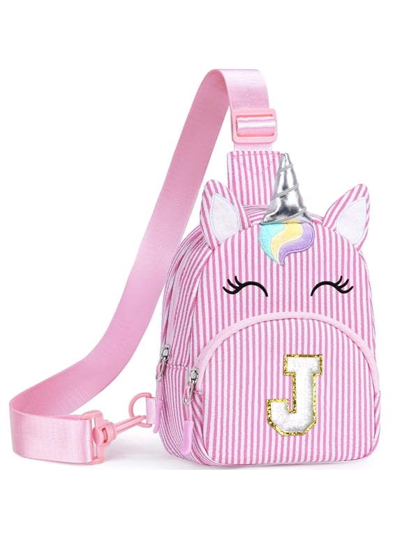 Unicorn Initial Sling Gift Bag for Girls Women, Crossbody Bags for Kids, Backpack, Birthday Gifts for Girls, Travel Essentials, Pink, J