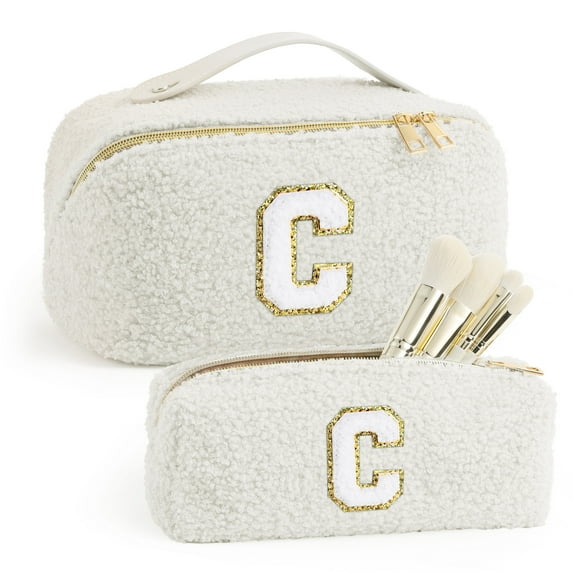 Yoolife Teddy Fleece Makeup Bag Gifts for Women 2 Initial Travel Cosmetic Pouch Makeup Bag Personalized Birthday Summer Vacation Gifts for Women