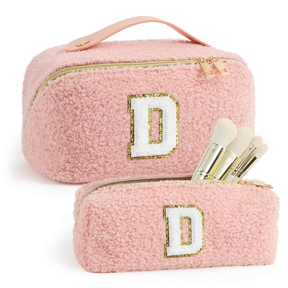Yoolife Teddy Fleece Makeup Bag Gifts for Women 2 Initial Travel Cosmetic Pouch Makeup Bag Personalized Birthday Summer Vacation Gifts for Women