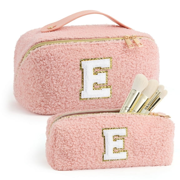 Yoolife Teddy Fleece Makeup Bag Gifts for Women 2 Initial Travel Cosmetic Pouch Makeup Bag Personalized Birthday Summer Vacation Gifts for Women