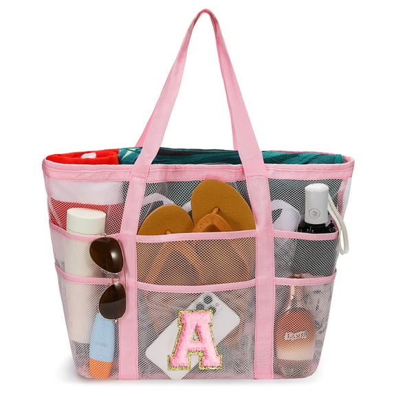 YOOLIFE Travel Beach Bags, Personalized Mesh Beach Tote Bag, Beach Supplies, Large Swim Bag, Initial Beach Bags for Girls