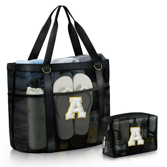 YOOLIFE Travel Beach Bags, Personalized Mesh Beach Tote Bag, Beach Supplies, Large Swim Bag, Initial Beach Bags for Girls