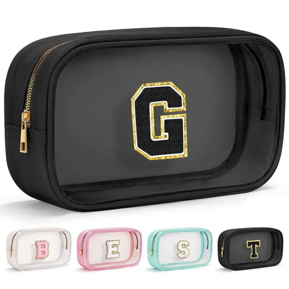 YOOLIFE Travel Clear Makeup Bag Toiletry Bag, Make up Bag Waterproof Toiletry Bags for Women Cosmetic Bag Birthday Gifts for Women Personalized Mother Girlfriend Wife Bridesmaid Gifts Black Letter G
