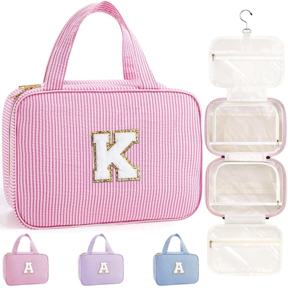 Yoolife Hanging Travel Toiletry Bag for Women, Initial Makeup Cosmetic Bag Organizer for Women, Travel Essentials, Birthday Gifts for Her, Pink, K