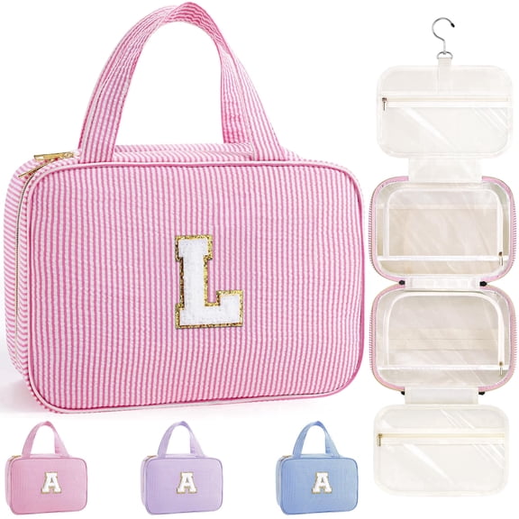 YOOLIFE Travel Hanging Toiletry Bag, Personalized Initial Toiletry Pouch, Birthday Gifts for Women Mom Daughter Sister Friends, Cruise Essentials, Pink L