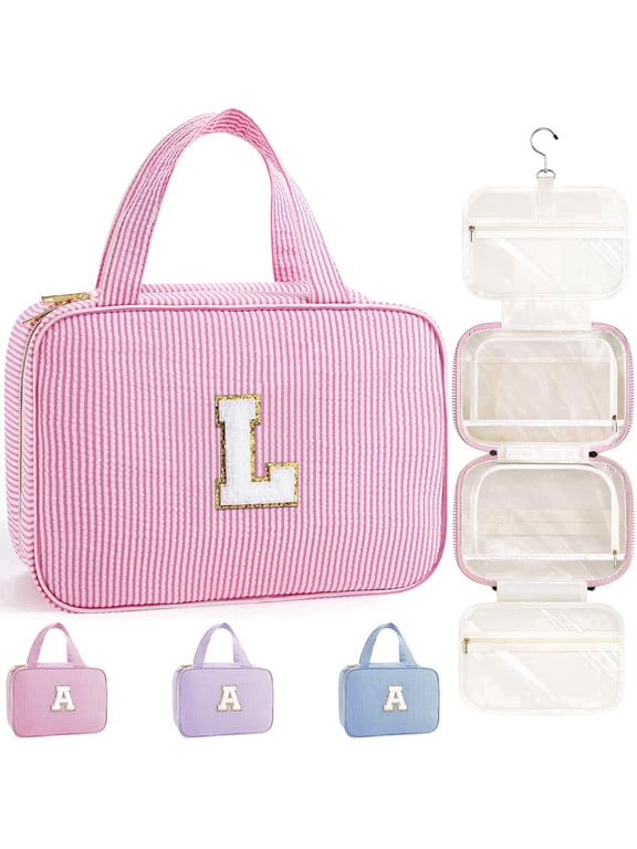 Hanging Travel Toiletry Bag for Women, Initial Makeup Cosmetic Bag Organizer for Women, Travel Essentials, Birthday Gifts for Her, Pink, L