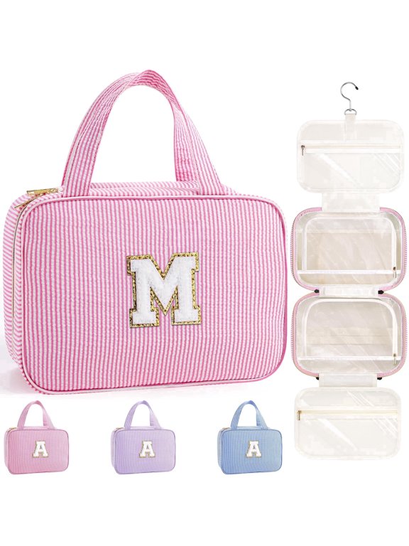 Hanging Travel Toiletry Bag for Women, Initial Makeup Cosmetic Bag Organizer for Women, Travel Essentials, Birthday Gifts for Her, Pink, M